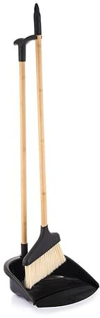 URBNLIVING Long Handle Bamboo Broom and Dustpan Set - Upright Standing Sweeper 73cm - Rubber Edge Dustpan - Ideal for Kitchen, Home and Floor Cleaning, Space-Saving Compact Storage, 2-Piece