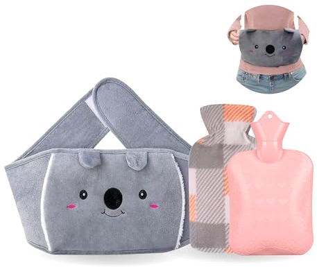 1L Wearable Hot Water Bottle Belt, Plush Koala Cover, Adjustable Wrap, Pink | Straame 1L rubber bottle with 165cm hands-free belt, washable plush cover, hand pockets for cramps, back, neck and shoulders