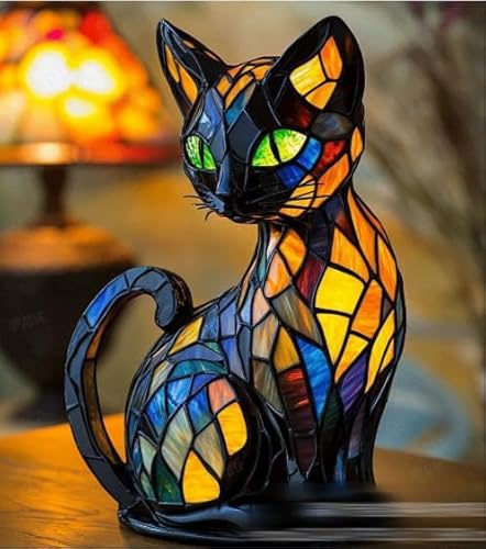 TaimeiMao Lámpara de vitral, lámpara de mesa de gato,luz nocturna vintage de animales LED, Regalo Para Amantes De Los Gatos,colorida decoración vintage para dormitorio, sala de estar, hogar