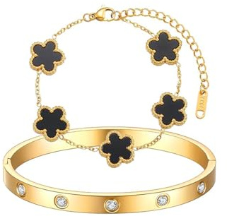 Gkaopi 2 Stück 18K Vergoldet Vierblättriges Kleeblatt Armband Gold Edelstahl Cubic Zirkonia Kleeblatt Armreif Schmuckset Verstellbare Glücksklee Schmuckset für Damen und Mädchen