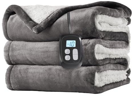 LaffyLo Electric Heated Blanket Full Size 72 x 84, Fast Heating Blanket, Dual-Sided Flannel Sherpa, 10 Heat Settings, 1-12 Hour Auto Off, Machine Washable, Light Grey