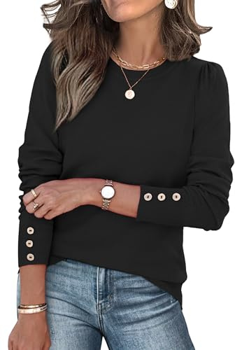 XIEERDUO Black Long Sleeve Shirt for Women Button Cuff Crew Neck Sweaters Lightweight Cute Fall Outfits for Women 2025 Business Casual Clothes M