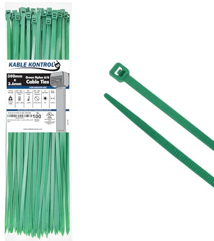 Kable Kontrol Bridas verdes de 300 mm x 3,6 mm, paquete de 100 bridas de nailon de alta calidad de 12 pulgadas, envolturas de plástico multiusos, mecanismo de autobloqueo seguro, para el hogar, jardín