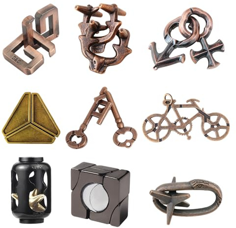 NAVESO 9 Stück Knobelspiele Metall,Metal Puzzle, Metallpuzzle,Metallknobellei Geduldsspiele,Metall Knobelei Knobelspiel Brainteaser,Geschicklichkeitsspiel Spielzeug Geschenk für Erwachsene Jugendliche