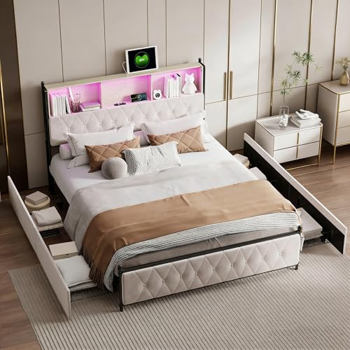 Yeutre Lit 180x200 avec Sommier LED et USB, Lit Double avec sommier à Lattes et 4 Tiroirs, Tete de Lits Rembourré avec Rangement, Lits 2 places pour Adultes et Adolescents, Velours beige, 180 x 200 cm