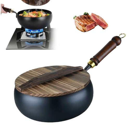 Cast Iron Pan, 2025 New Wok Non Stick, Cast Iron Pot Iron Frying Pan with Wooden Lid, Wok with Lid Non Stick, No Chemical Coated Ca-st Ir-on Frying Pan for Induction, Gas, Hobs (28cm)