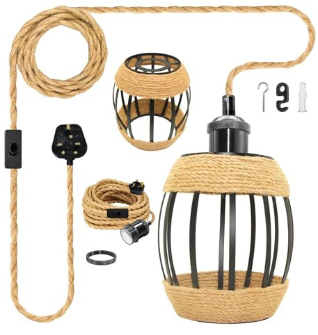 Industrial Plug in Pendant Lighting with 16x14 cm Lampshade, 510 cm Rustic Hemp Rope Hanging Lamp with Plug and Switch,Vintage Metal Basket Ceiling Pendant Light, E27 Lamp Holder, for Loft, No Bulb