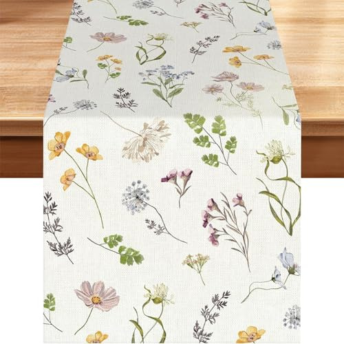 Tischläufer Leinen Blumen Frühlingsdeko 183×33 cm, Table Runner Modern Für Frühling Sommer Herbst, Abwaschbar & Wetterfest, Frühlingsdeko Innen Für Esstisch Küche Familie ﻿