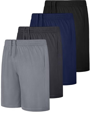 JORHIG 4 Pack Boys Basketball Athletic Shorts, Youth Kids Active Performance Quick Dry Boys Shorts with Pockets & Drawstring Light Gray, Black, Dark Gray, Navy Set A 10-12Years
