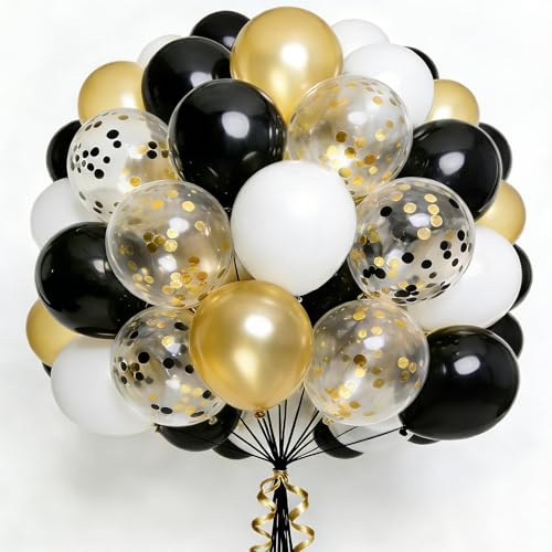 100 Stück Luftballons Schwarz Gold Weiß mit Konfetti Ballons,12 Zoll Party Latex Luftballons mit 2 Rollen Band für Ballongirlande Hochzeit Abschlussfeier Party Deko