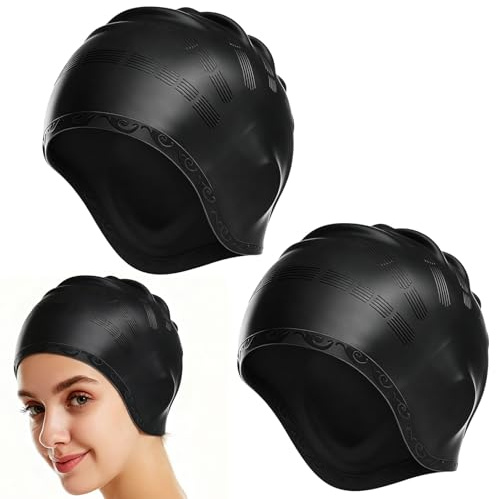 2 Pack Silicone Swimming Cap for Women, Soft Elastic Anti-Slip Swim Hat with 3D Ear Protection, 3D Ergonomic Design Waterproof Swim Cap for Long Hair Adults Kids