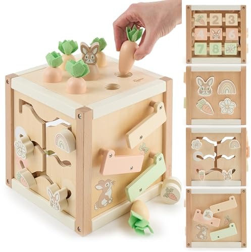Bieco Motorikwürfel personalisiert aus Holz FSC® – Montessori Activity Cube ab 12 Monaten – Karotten-Steckspiel (Größen sortieren) & Kugelbahn – Zahlen/Motive, Memory, Schiebelabyrinth – Design Hase