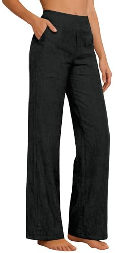 Lggwunsi Pantaloni Donna Estivi in Cotone e Lino, Eleganti Elastico Vita Alta Pantaloni Larghi Curvy Leggeri e Comodi a Gamba Larga Casual Yoga Pantalone Gamba Dritta con Tasche