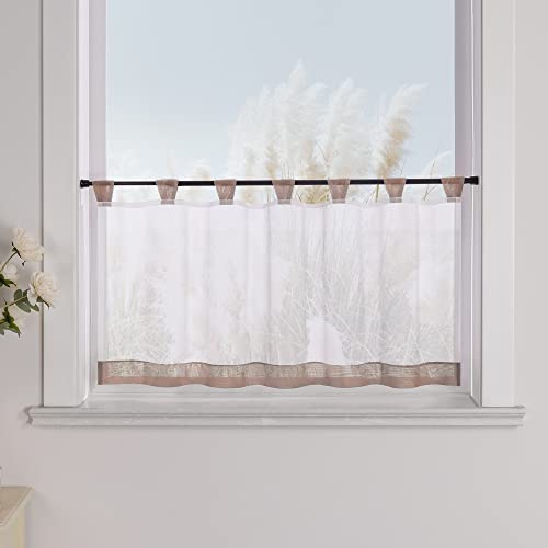 Yujiao Mao Voile Scheibengardine mit Schlaufen, Weiß Braun, HxB 30x90 cm | Küchengardine, Bistrogardine für Küche und kleine Fenster, transparente Kurzgardine, Sichtschutz, Landhausstil