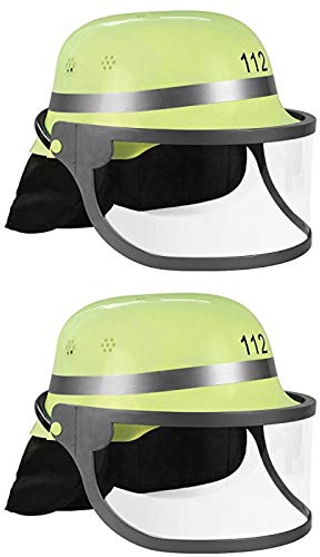 Trendario 2x Feuerwehrhelm Für Kinder und Erwachsene, verstellbar mit Klappvisier & Nackentuch - Deutsche Ausführung in Gelb - ideal für Karneval & Mottopartys Kostüm