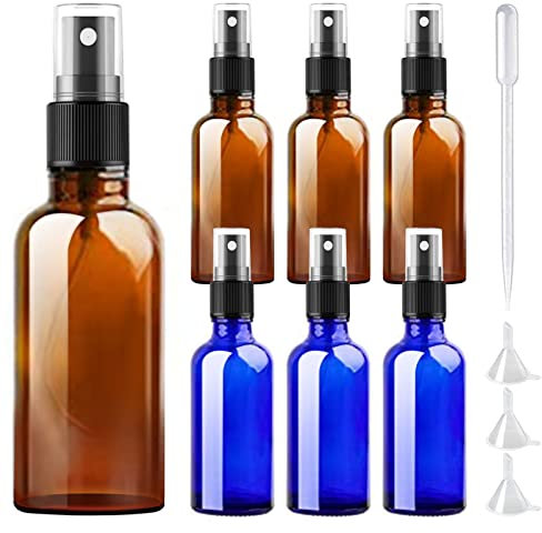 DONQL 6Stück Glas Sprühflasche Klein Flüssigkeitssprühflasche Spray Flaschen mit Feinen Nebel Glas Spray Bottle 50ml für Reiseflüssigkeit Kosmetik Zerstäuberflasche（Blau und Braun）