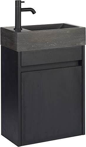 Saqu Florence Gäste WC Waschbecken mit Unterschrank Vormontiert - in Schwarz-Eiche mit Naturstein-Waschbecken und schwarzer linken Armatur - Kleines Gäste WC Bad Möbel mit Waschtisch
