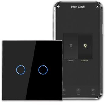CNBINGO Interruptor de luz WiFi/WLAN, Smart Touch Switch Work con Alexa/Google Home, panel de vidrio del sistema táctil y LED de estado, 2 bandas de 1 vía Negro, escala neutral no es necesario