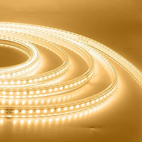 HEGEHE 5m Dimmbar LED Strip Streifen, 220V SMD 2835 120LEDs/m, Warmweiß LED Band Lichtleiste Lichtschlauch mit 15 Tasten Fernbedienun, Wasserdicht IP65