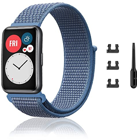 Niboow Nylonarmband, kompatibelt med Huawei Watch Fit, mjukt justerbart sportband, ersättning för ventilerande, mjukt vävt armband, för dam herr, kompatibel med Huawei Watch Fit-Sky Blue