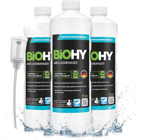 BiOHY Abflussreiniger (3 x 1 Liter) + Dosierer | mit spezieller Haarweg-Formel | Bio Konzentrat für Küche & Bad | entfernt selbst hartnäckigste Verstopfungen | ohne ätzende Dämpfe & Gerüche