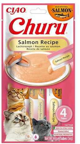 INABA Churu Snack per Gatti Cremoso con Salmone - 1 Pack (4 Stick x 14gr) - Cibo per Gatti da Leccare, Sano e Delizioso - Snack Gatto Senza Conservanti o Coloranti Artificiali, Grain-Free