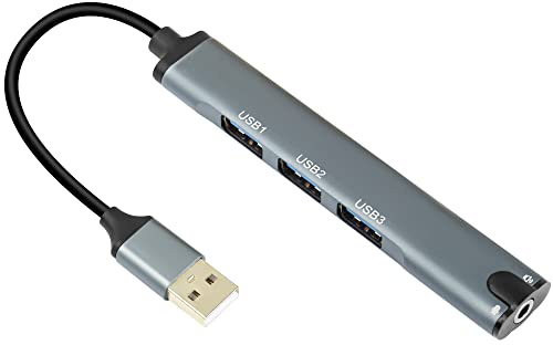 QIANRENON USB3.0 Hub, USB2.0 to 3 USB3.0 Female Multiport Splitter with 3.5mm Headphone Jack, Suitable for Mobile Phone, Tablet PC, USB, Keyboard, Mouse, Headphone, Microphone, etc.