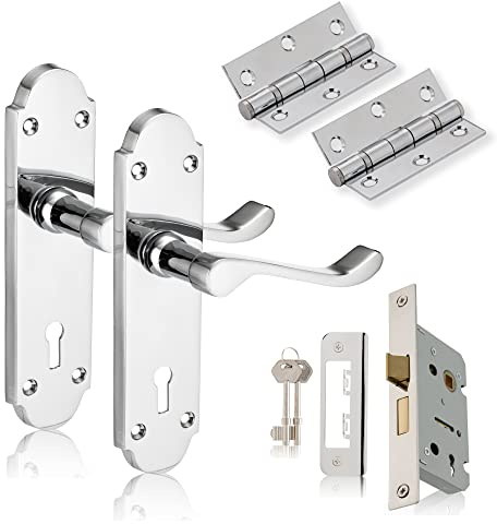 XFORT Chrome Elegance Range Polished Chrome Richmond Lever Lock Pack, Complete Set with Lock Door Handles, 65mm Sashlock and 75mm Ball Bearing Hinges, for Internal Wooden Doors