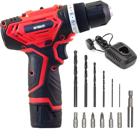 Amtech - Cordless Drill Driver with 20 Torque and 2 Speed Settings for Metal, Plastic, Wood and More, Home DIY, Lightweight with Ergonomic Handle, Fast Charging Battery (12V)