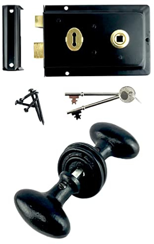 Rim Lock and Cast Iron Door Knobs Ball Oval Octagonal Epoxy Black Traditional Cottage Set (Oval Handle) Size 60mm x 30mm x 140mm