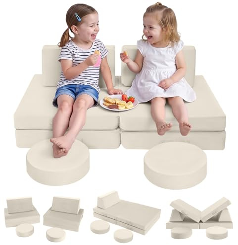 MeMoreCool Kids Play Couch, 8-Piece Modular Foam Sofa for Toddlers Ages 1-5, Convertible Fort Building Cushions with Washable Plush Cover for Playroom Nursery Bedroom, Warm Ivory
