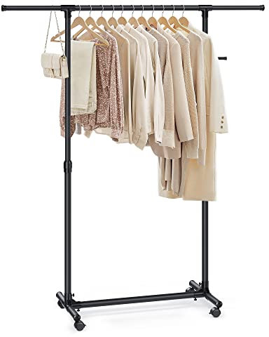 SONGMICS Clothes Rack with Castors, Garment Rack, Adjustable Height Between 97-165 cm, Clothes Rail with Extendable Bar, Side Hooks for Accessories and Bags, Black LLR001B01