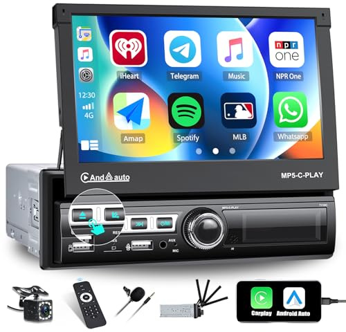 CAMECHO Autoradio Bluetooth 1 Din avec Carplay&Android Auto&Lien Miroir pour iOS/Android, 7 Pouces Motorisé et Extensible Écran Tactile avec Bluetooth FM USB+Caméra de Recul