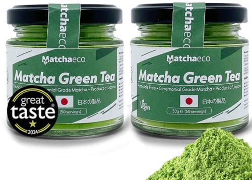 Matchaeco 2 x 50g [100g] Japanese Matcha Green Tea Powder |Authentic Stone Ground Ceremonial Grade From Japan | Pesticide-Free | Recyclable Jar | Vegan Baking Gift Ideas | (100g, Matcha)