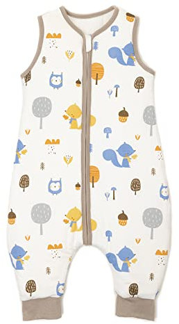 Baby Circle® Sacco a pelo per neonato, con piedi, 2,5 TOG, 100% cotone biologico, per tutto l'anno, colore bianco, con animali, sacco a pelo invernale ed estivo (gufo | scoiattolo di quercia, 70 cm)