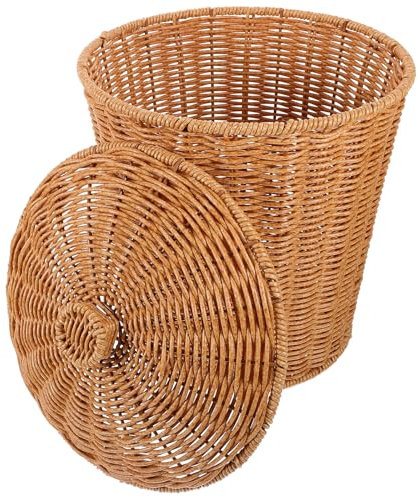 Wicker Trash can Rattan Waste Basket with Lid Round Trash Bin Woven Storage Basket Clothes Container for Bedroom, Living Room and Bathroom Wicker Waste