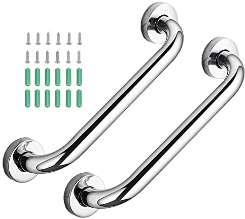 2 Pack Anti-Slip Shower Grab Rail for Elderly - Bathroom Stainless Steel Handrail, Perfect Disability Aid and Equipment for Toilet, Bathroom, Stairs, Kitchen (12 Inch, Silver)
