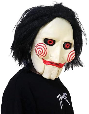 Claofoc Horror Clown Maske Erwachsene Halloween Gruselige Puppen Masken | 1 Vollkopfmaske, Latex, schwarze Haare, verstellbares Band, Einheitsgröße, weiß rot schwarz, Halloween, Karneval, Cosplay