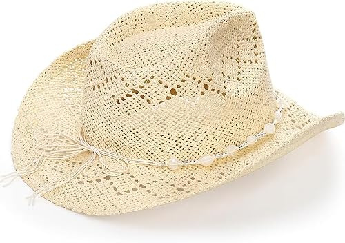 Hiceeden Straw Beach Cowboy Hat for Women, Summer Cowboy Hat with Shapable Brim, Beach Sun Hat with Beaded Chain for Men, Beige