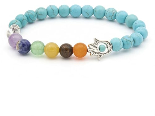 Soulnioi Nautral Crystal Bead Bracelet Turquoise Crystal with 7 Chakra Crystal Bead Hamsa Hand of Fatima Evil Eye Stretch Bracelet Yoga Balancing Lucky for Women Men