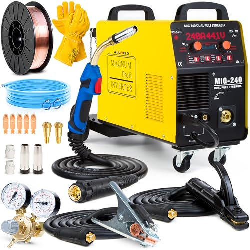 ALLWELD Magnum MIG 240 DP - Soldador Inverter con Gas de 240 A - Sinergia y Alimentador de Alambre de 4 Rodillos - Soldadura: MIG, mag, TIG y MMA - Tecnología IGBT - Set Basic