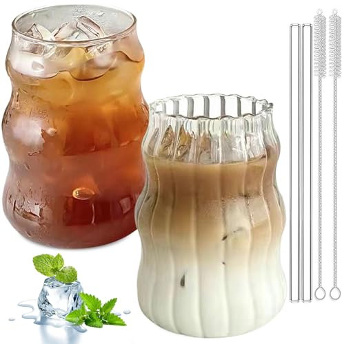 Aicharynic Lot de 2 verres nervurés de 530 ml avec pailles en verre pour latte macchiato, cocktail, café glacé avec brosses, utilisé pour cocktail, lait, eau, soda, cadeau