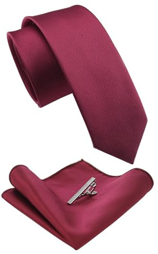 JEMYGINS Schmale Herren Krawatte und Einstecktuch krawattenklammer Set 6cm Weinrot