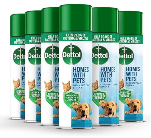 Dettol Homes With Pets Disinfectant Spray, Multipack Of 6 X 300ml, Total 1.8L, Cat Urine Odour Remover, Dog Spray, Pet Odour Eliminator, Dog Disinfectant, Antibacterial, Grooming, Dogs