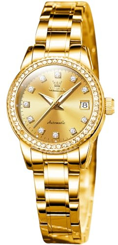 OLEVS Damenuhren, automatisch, mechanisch, leuchtend, luxuriös, elegant, klassisch, wasserdicht, Damen-Armbanduhren mit Diamanten, zweifarbig, Edelstahl, Datum, Gold, Classic