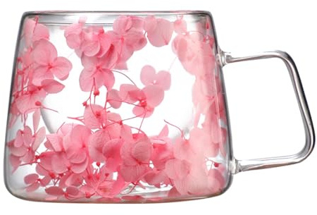 Generisch Klarer Becher mit Blumen, Doppelwandige Glastasse Mit Getrockneten Blumen, 200ml Thermogläser Doppelwandig Kaffee Gläser, Teegläser Doppelwandig Mit Grif, Einzigartige Geschenke