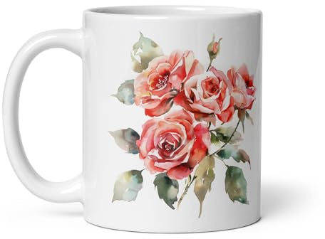 Chatcripant Blumen Tasse 325 ml – Keramik Kaffeebecher mit floralen Aquarellmotiven – Geschenkidee für Blumenliebhaber (Rosen)