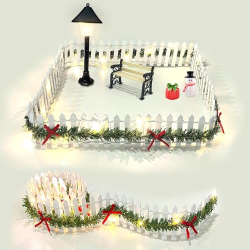 6 Stück Wichtel Zubehör Weihnachten, Miniatur Deko Miniatur Zaun Holzzaun, Mini Weihnachtszaun mit Lichtern, Stühle, Schneemänner, Straßenlaternen,und Grußkarten,Weiß Mini Dekorativer Gartenzaun