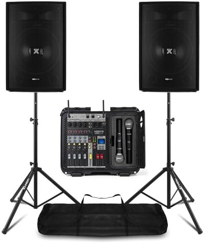 Complete PA System Package with 15'' SL15 Passive 2-Way Speakers, 6-Channel Power Mixer, & Wireless Mics | Portable PA System with Microphones for Bands, Events & Presentations
