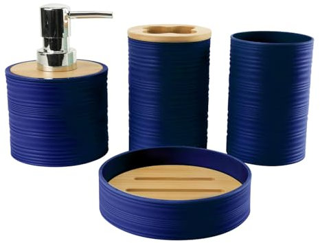 Hosoncovy 4 Pcs Bathroom Container Set Bathroom Accessory Set with Soap Dispenser, Bathroom Cup, Soap Dish ，Toothbrush and Toothpaste Holder (Dark Blue)